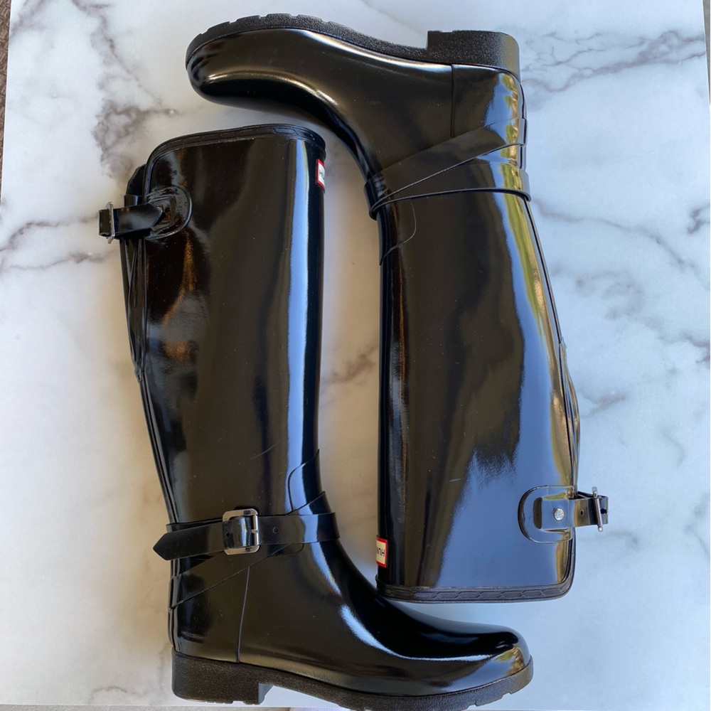 HUNTER Gloss Black Adjustable Back Original Tall Ankle Strap Rain Boots